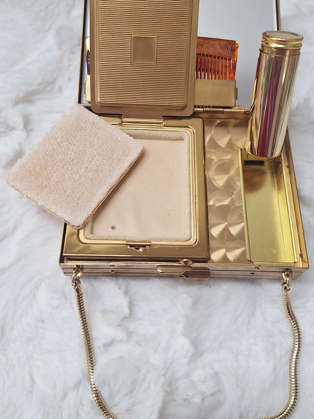 Gold Tone Starburst Rhinestone MCM Embellished Box Compact Clutch Mirror Handbag